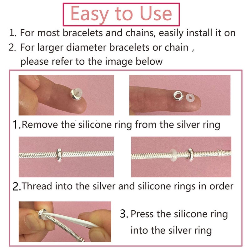 LAMOONY Clip Charms Sterling Silver Rondelle Spacer Bead Charm Stopper Charm for Pandora Charm Bracelets (Silver (2 pcs)) - Image 2